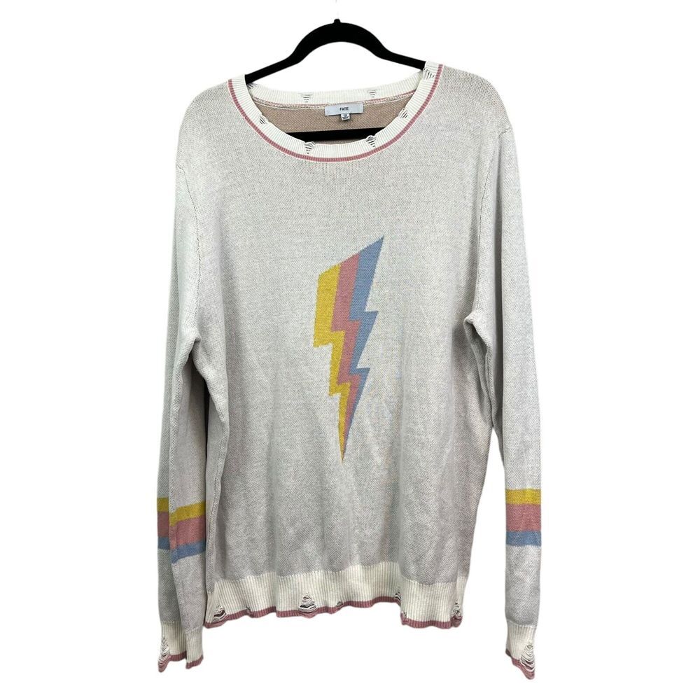 Fate Womens Knit Sweater Crew Neck Distressed Lightning Bolt Print Cream Sz 1X*